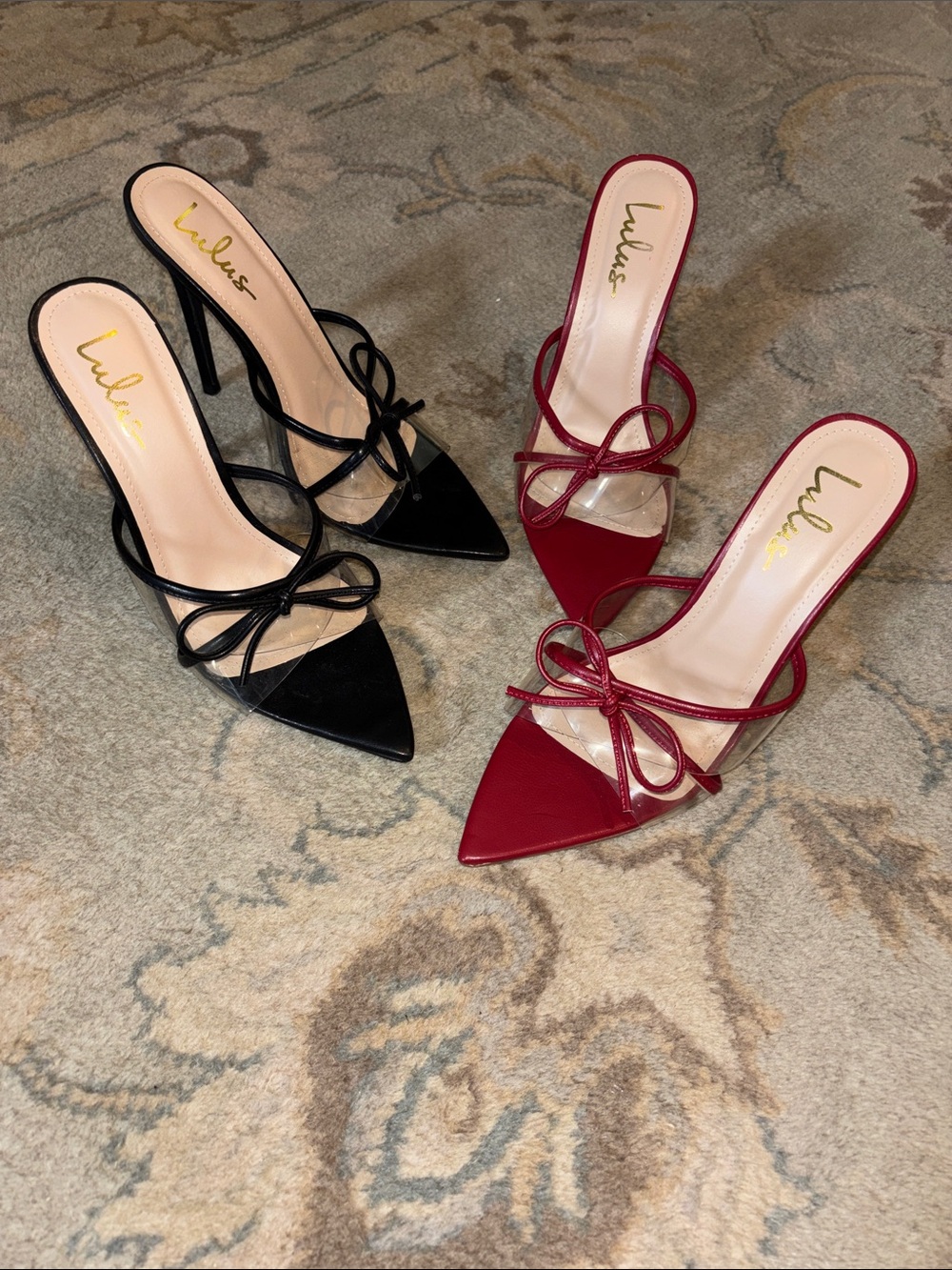 Lulu's Pointed Toe Bow Slide Heels in Black and Red